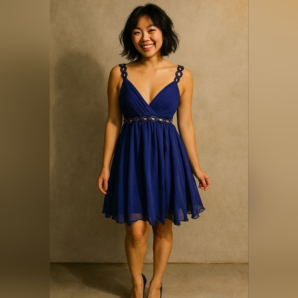 Royal Blue Mini Dress. Sequined Detail. Flowy Skirt. Size 8. Plunging Neckline